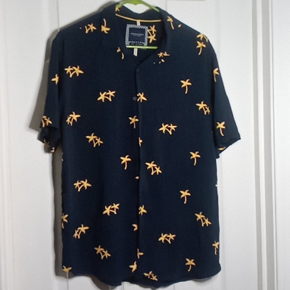 casual shirt palm tree Denim & Flower short sleeve Men's Large Navy